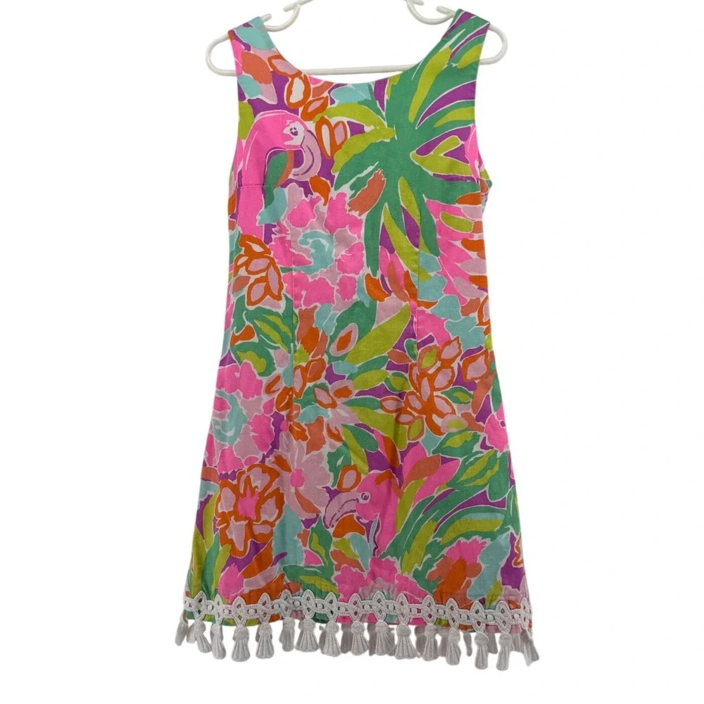 Lilly Pulitzer Girls Pink Green Flamingo Palm Shift Dress Tassel Hem Size 7
